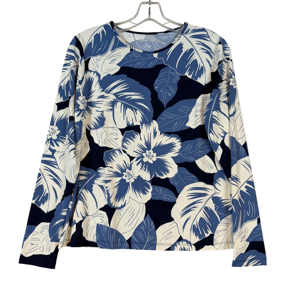 Lands End Womens Blue Floral Long Sleeve Rash Guard UPF 50 Swim Shirt Small 6-8